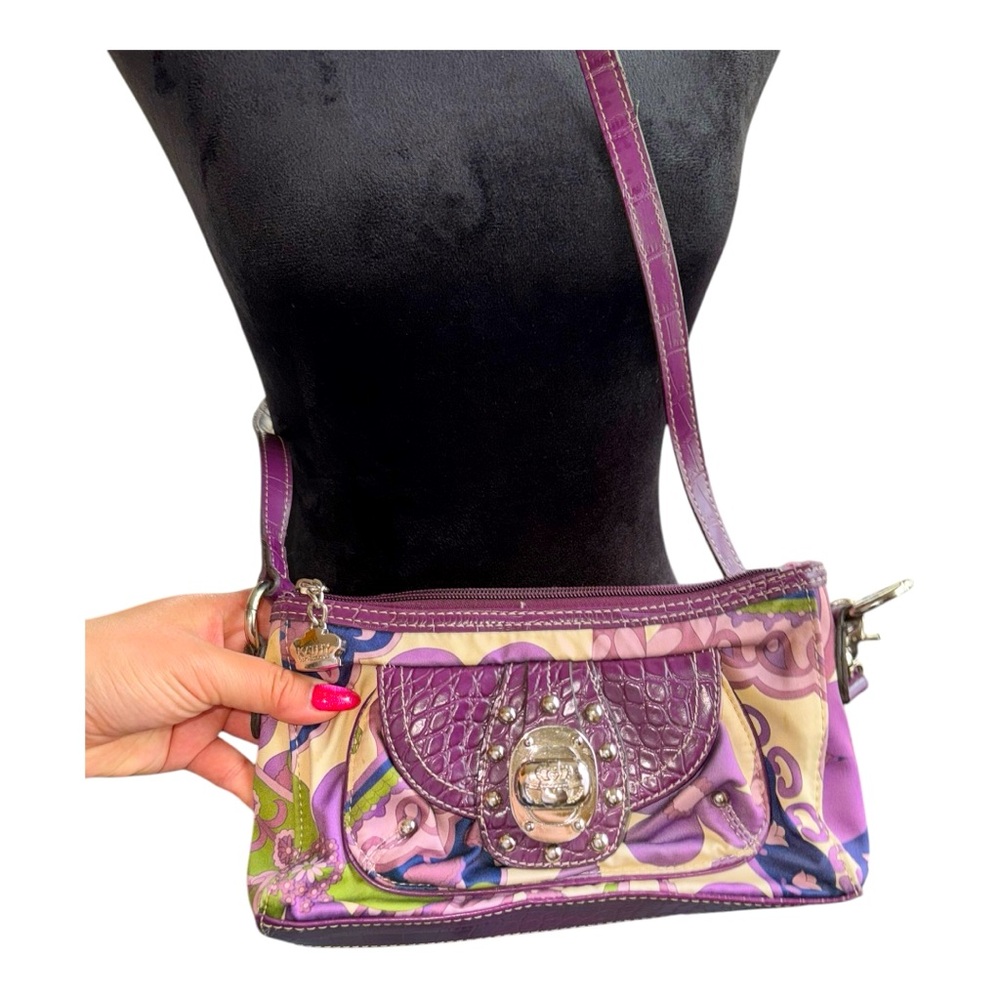 Y2K VTG RARE KATHY VAN ZEELAND CROSSBODY MINI BAG PURPLE/MULTICOLORED FAUX LEATH